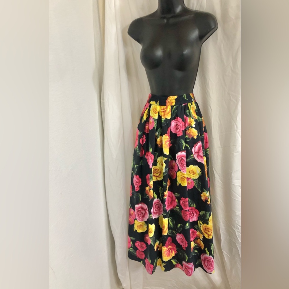 Joie black with yellow & pink roses floral maxi cotton blend skirt size medium
